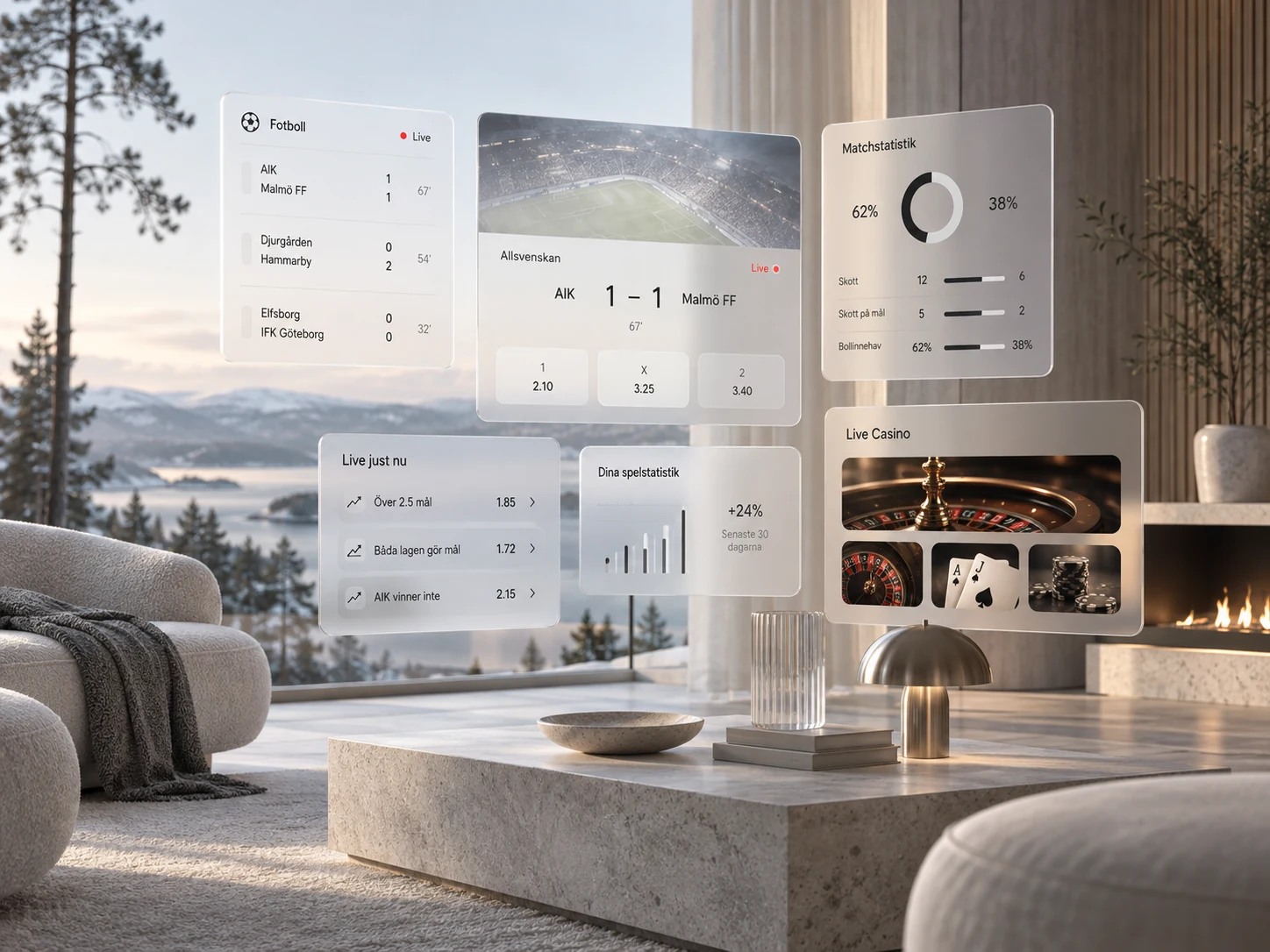 Editorial concept art showing floating panels for sports statistics and casino-inspired interface design