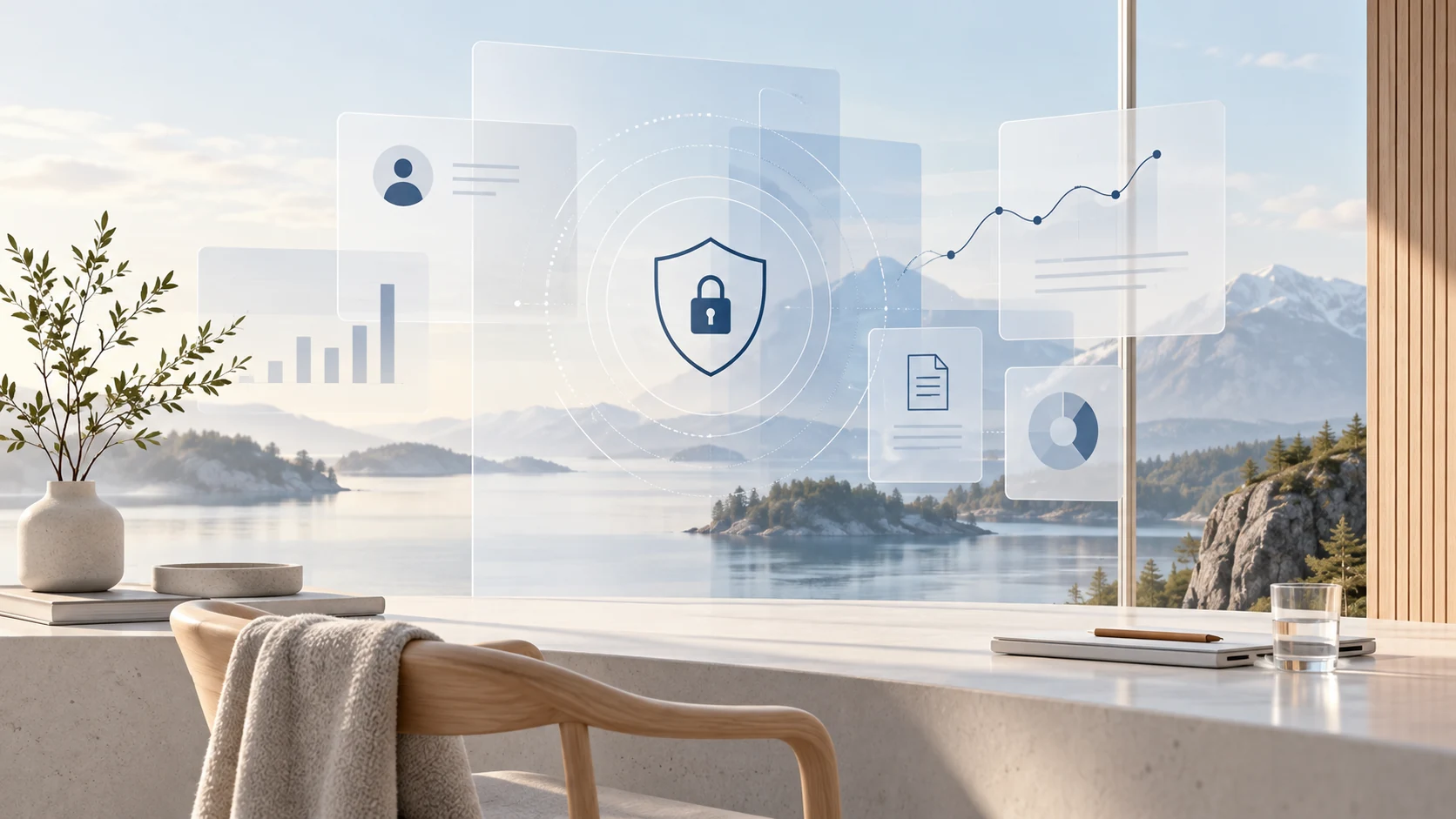 Minimal Scandinavian workspace with subtle information security artwork