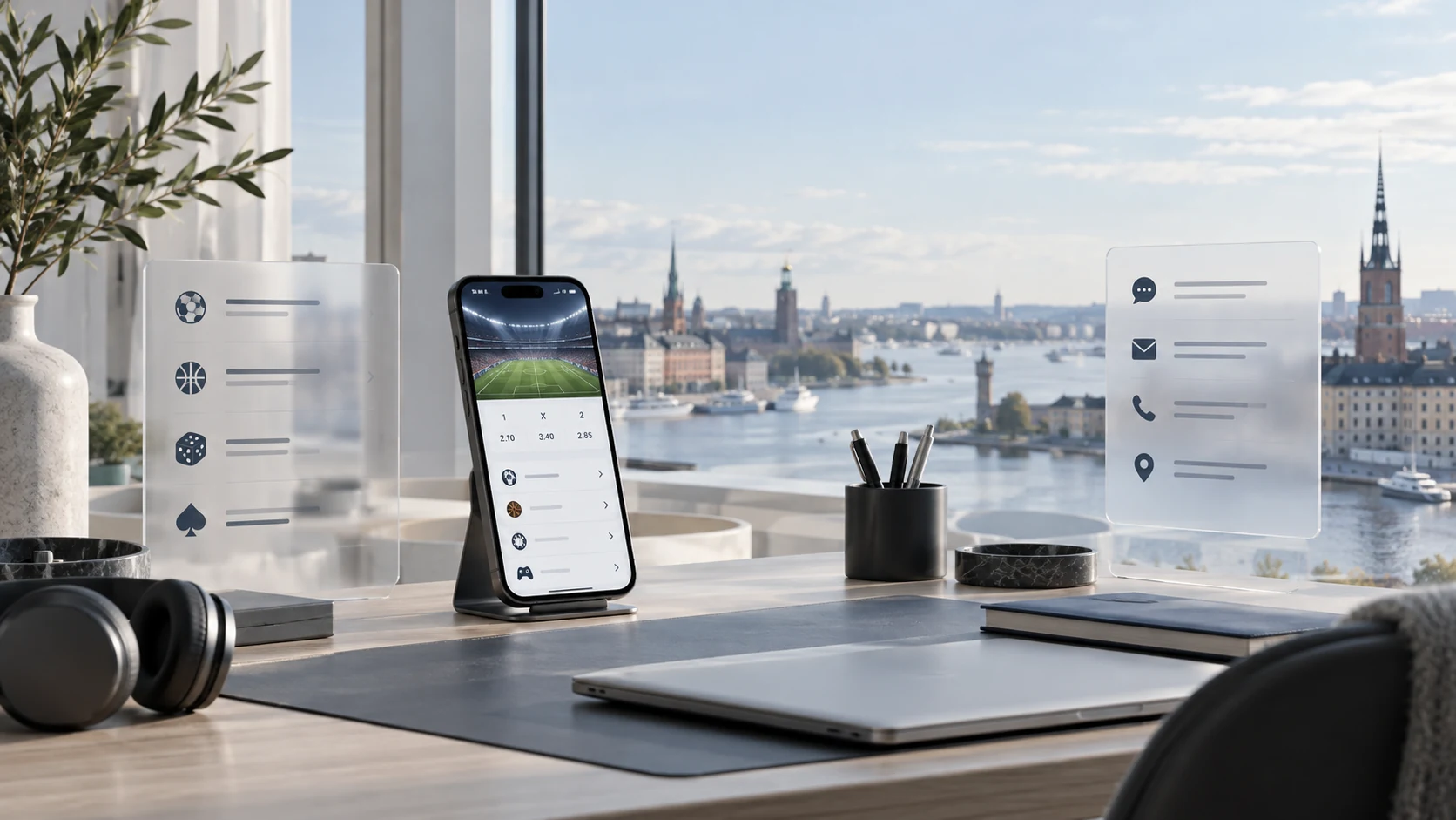 Minimal Stockholm-inspired workspace with a mobile sports interface concept